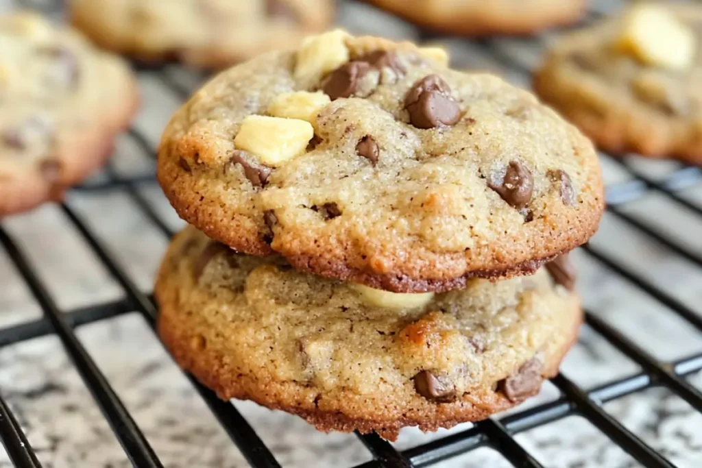 Image of freshly baked Banana Bread Cookies, showcasing their soft texture and golden edges, with bananas and spices in the background
