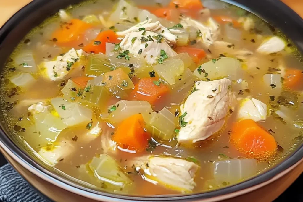 Featured image of Chicken Cabbage Soup, showcasing tender chicken, vibrant cabbage, and fresh vegetables in a hearty, flavorful broth