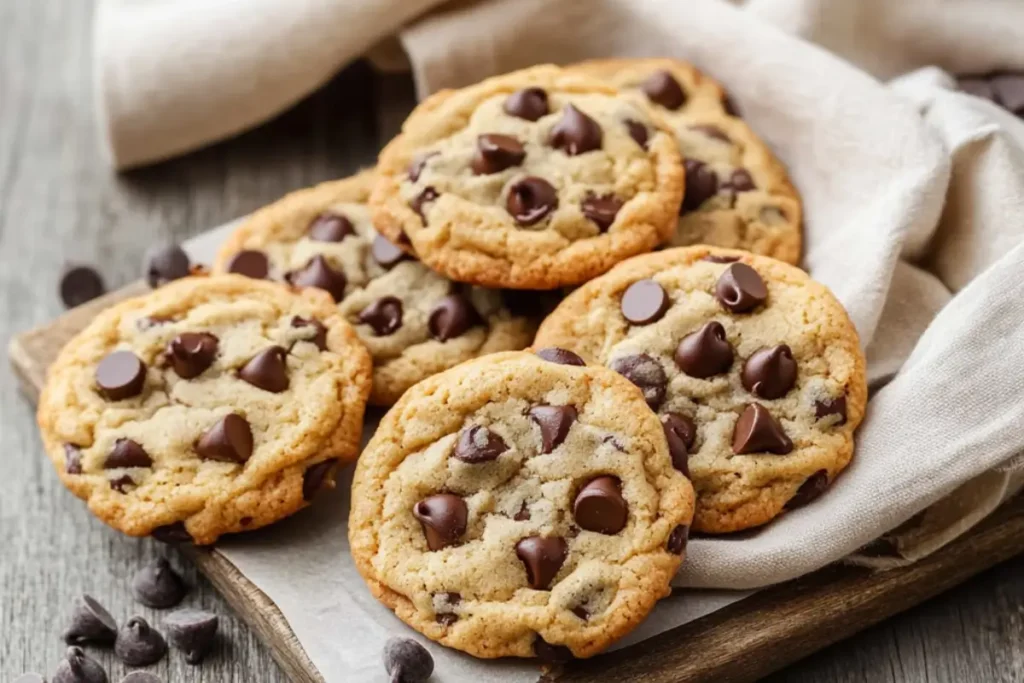 A close-up of freshly baked cookies with golden-brown edges and soft centers, studded with glossy melted chocolate chips and lightly sprinkled with sea salt, arranged on a rustic baking sheet