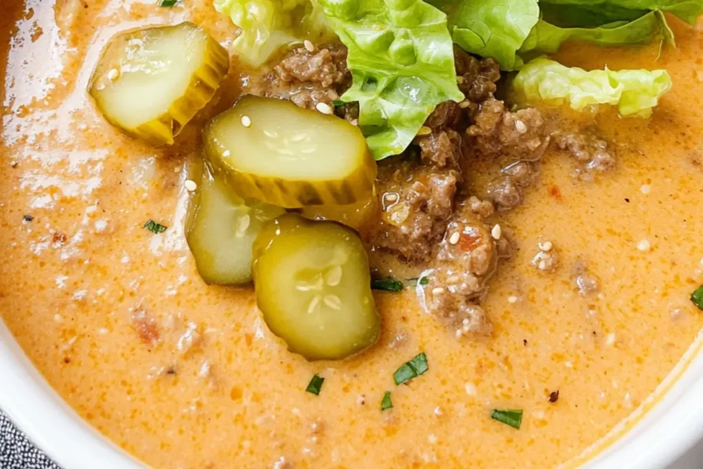 Big Mac Soup in a pot with creamy cheese, ground beef, shredded lettuce, pickles, sesame seeds, and optional toppings like crispy bacon