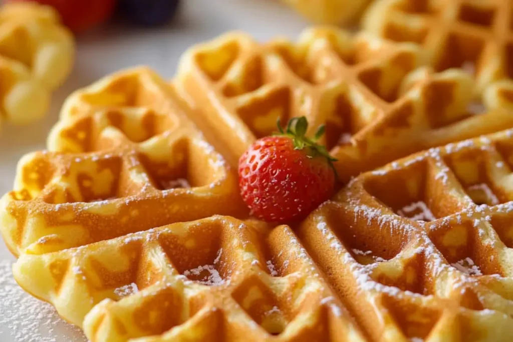 A plate of golden, crispy mini waffles served with fresh fruit and syrup, perfect for breakfast or a snack.