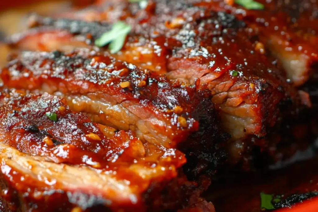 Image of Texas brisket bacon, showing tender slices of smoked brisket topped with crispy bacon, surrounded by rich barbecue flavors