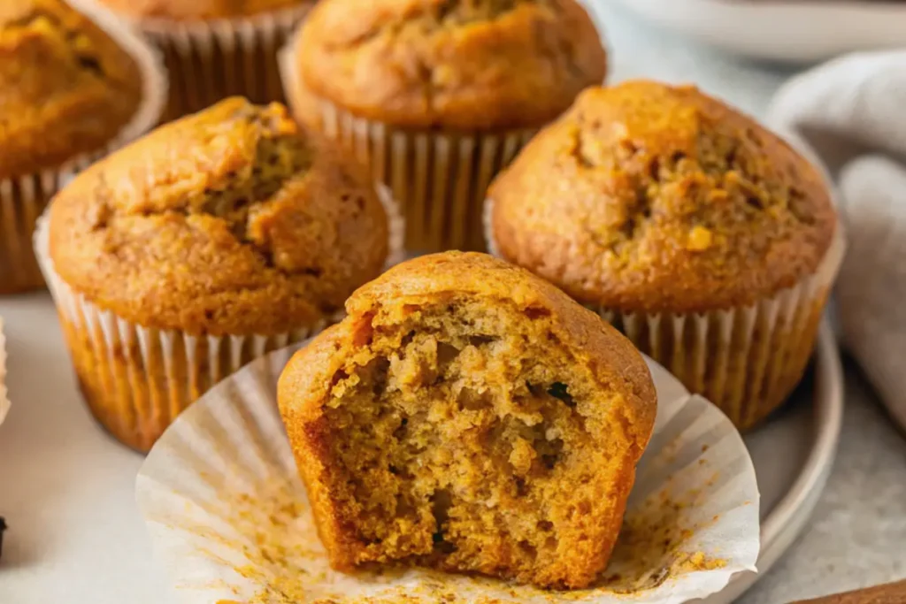 Freshly baked banana pumpkin muffins on a wooden tray with pumpkins and bananas in the background