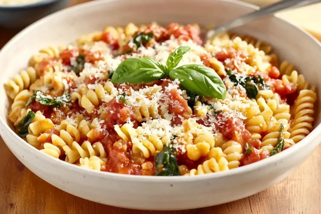 A bowl of spiral pasta covered in rich tomato sauce, garnished with fresh basil leaves and grated Parmesan cheese