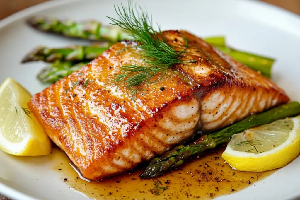 A close-up image of a pan-seared salmon belly with crispy, golden skin, served on a white plate alongside roasted asparagus and quinoa. The dish is finished with lemon wedges and fresh dill.