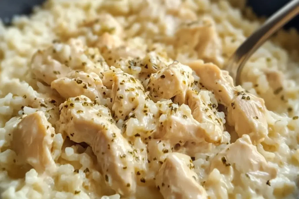 Creamy chicken and rice served in a rustic bowl garnished with parsley