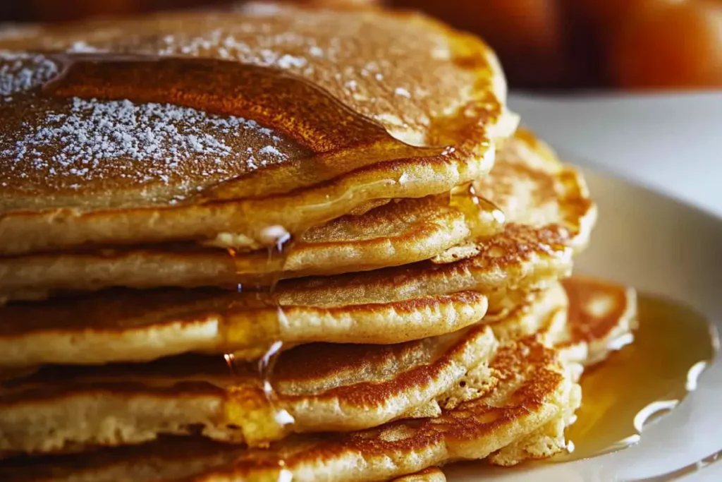 A tall stack of golden-brown eggless pancakes drizzled with syrup and garnished with fresh berries on a white plate.