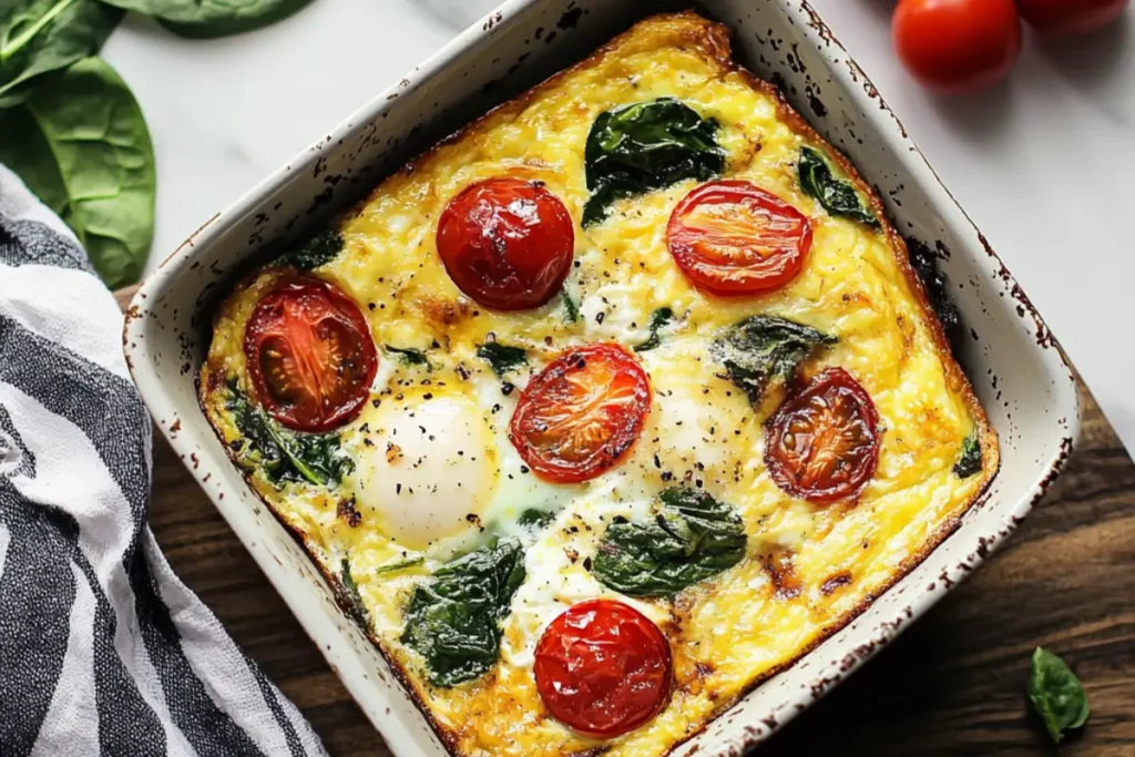 Freshly baked protein egg bake with cottage cheese, spinach, and cherry tomatoes in a baking dish
