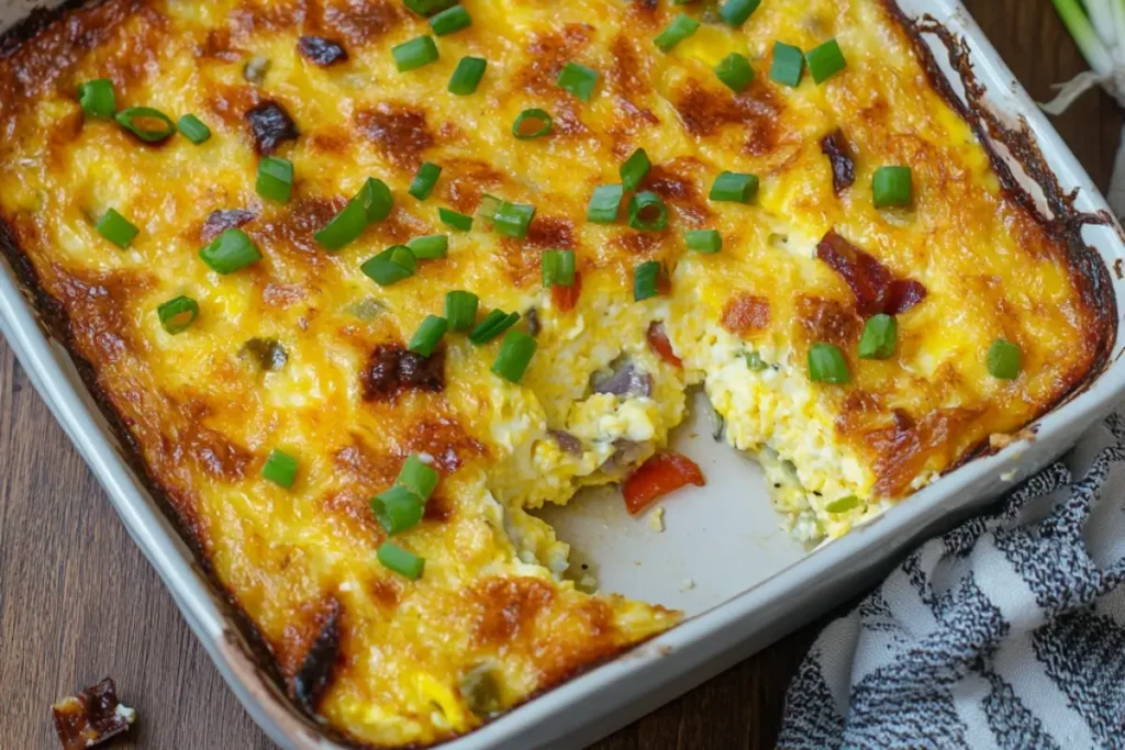 A freshly baked cottage cheese egg bake in a square baking dish, golden brown on top, garnished with fresh green onions