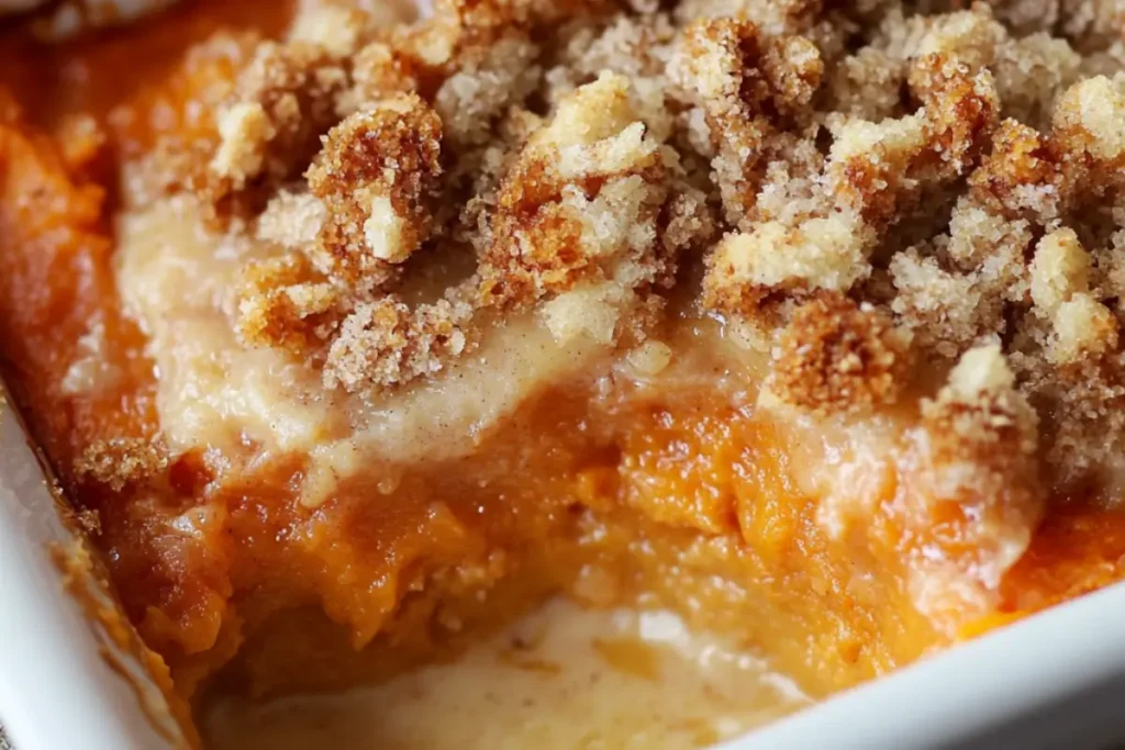 Paula Deen sweet potato casserole served on a holiday table with pecan topping and festive decorations in the background