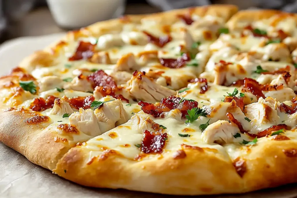 Freshly baked chicken bacon ranch pizza with melted cheese, bacon, and ranch dressing on a rustic wooden background