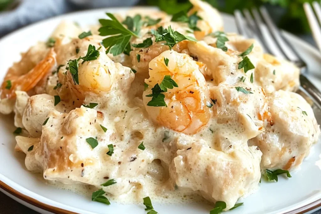 Chicken and shrimp Alfredo on a white plate garnished with parsley