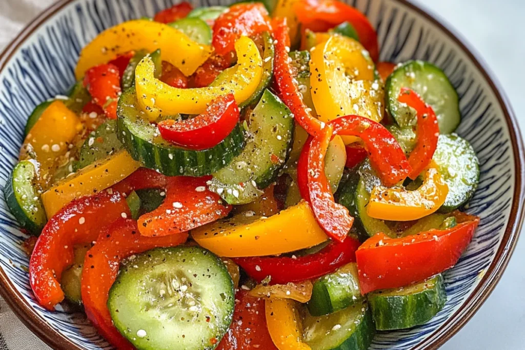 A bowl of colorful pepper salad with fresh bell peppers, parsley, and balsamic dressing