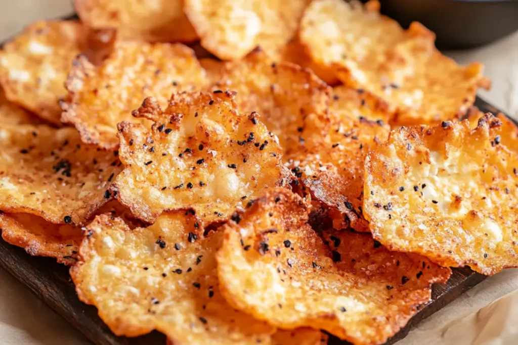 A close-up of crispy cottage cheese chips on a tray with seasoning bowls and a dip in the background