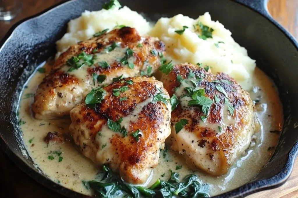 Creamy Boursin chicken cooked in a skillet, garnished with herbs and served alongside mashed potatoes and spinach.