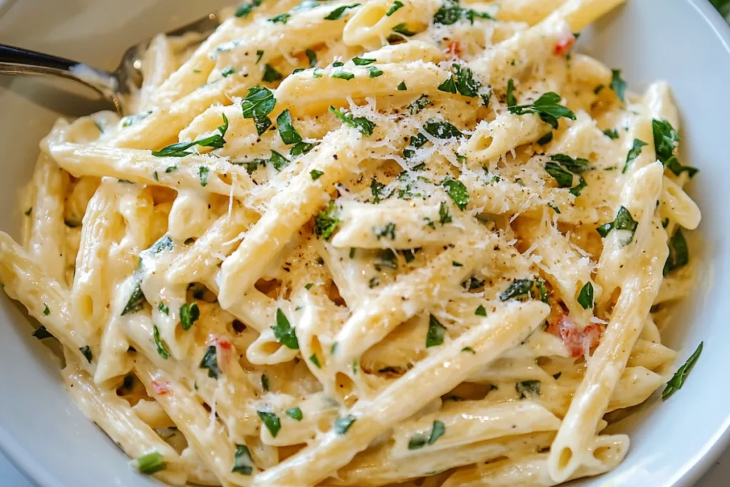Creamy goat cheese pasta garnished with basil and parsley on a rustic table.