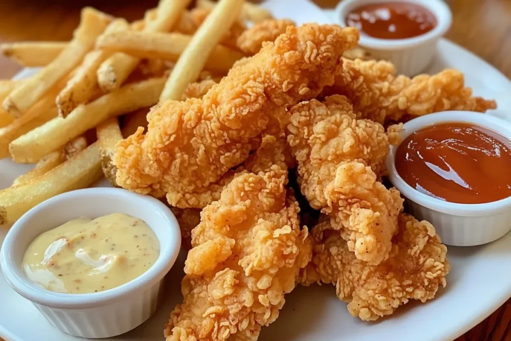 Crispy chicken tenders and fries with dipping sauces