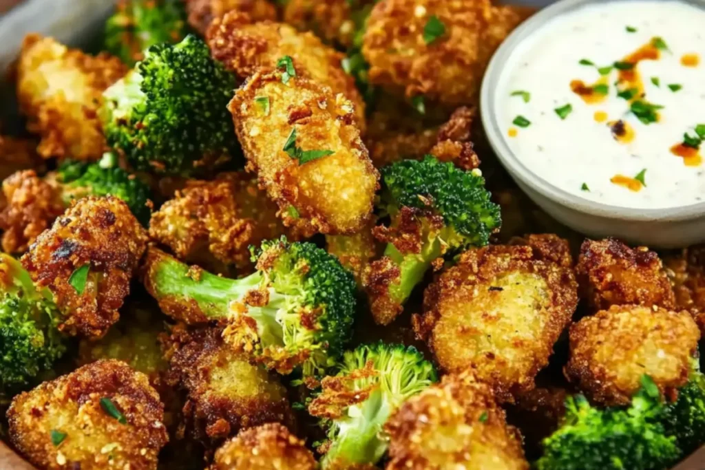 Crispy frozen broccoli cooked in an air fryer served with parmesan and lemon