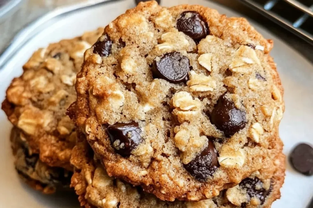 Freshly baked oatmeal raisin chocolate chip cookies cooling on a wire rack with golden edges and melty chocolate chips.