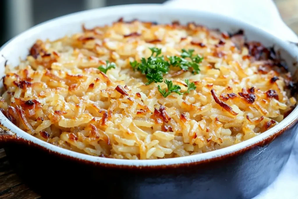 Casserole dish with baked stick of butter rice, topped with parsley