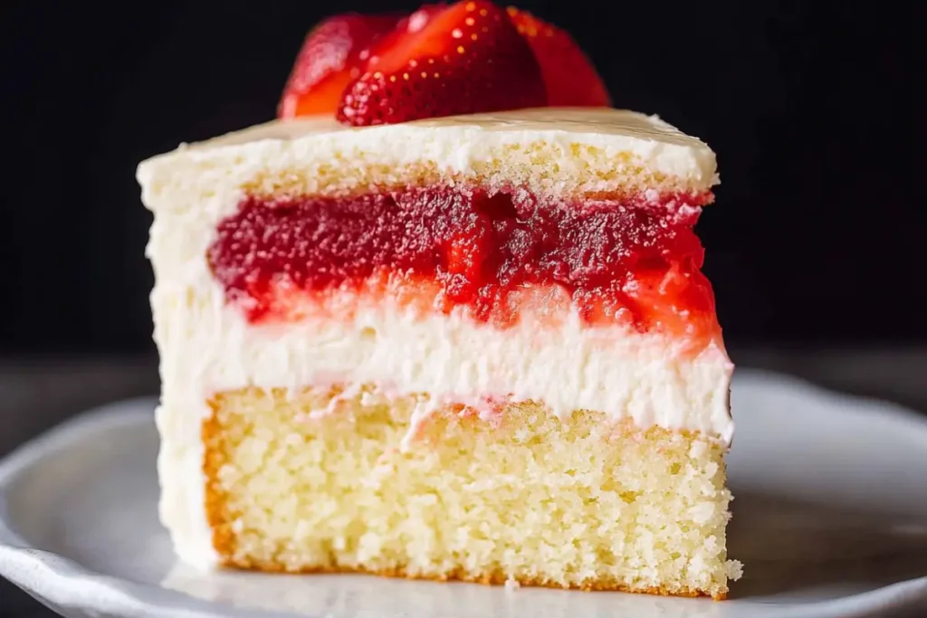 Vanilla cake with strawberry filling on a wooden cake stand, topped with fresh strawberries and whipped cream