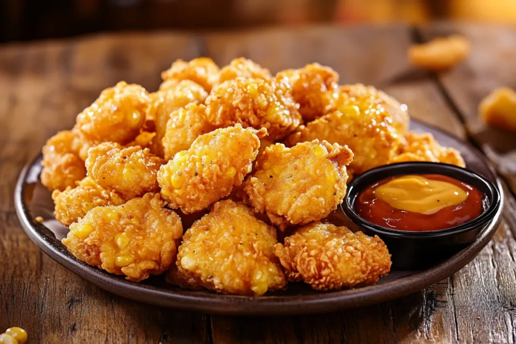 Golden crispy corn nuggets with dipping sauces on a rustic table.