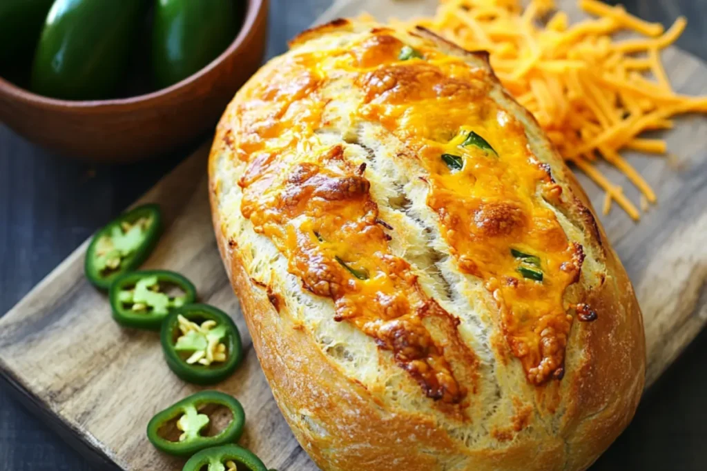 A crusty loaf of vegan jalapeño cheese artisan bread with a golden crust and fresh jalapeños on a wooden board
