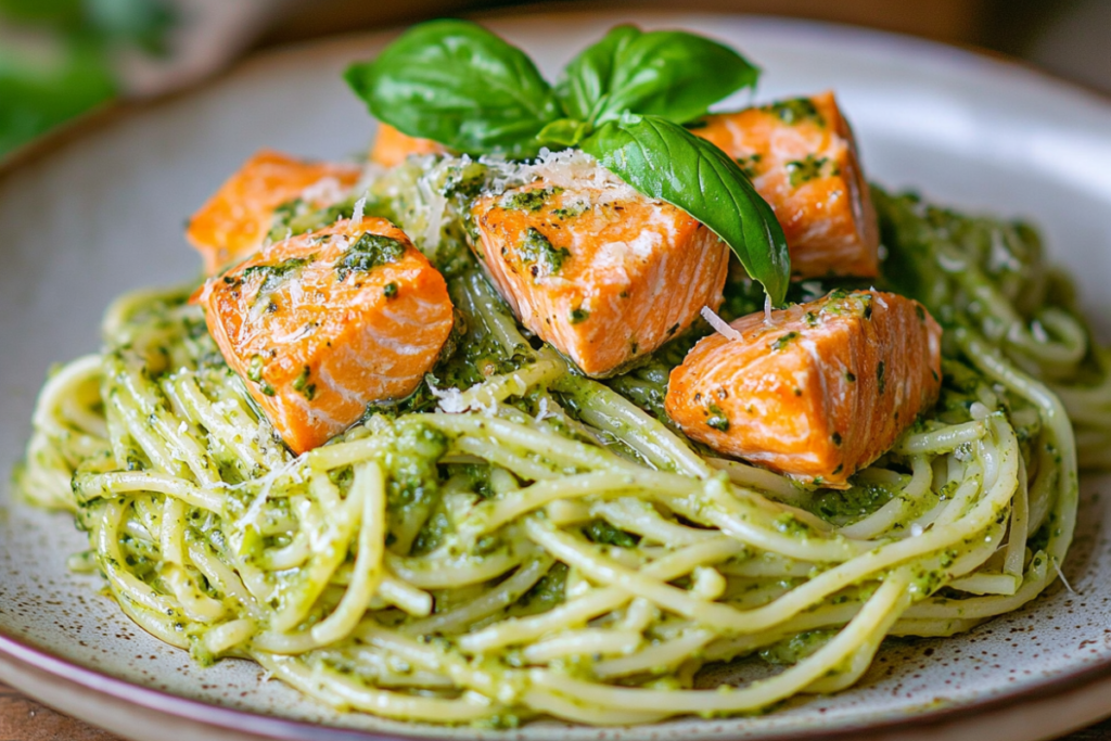 Salmon pesto pasta served on a plate with basil garnish and Parmesan cheese
