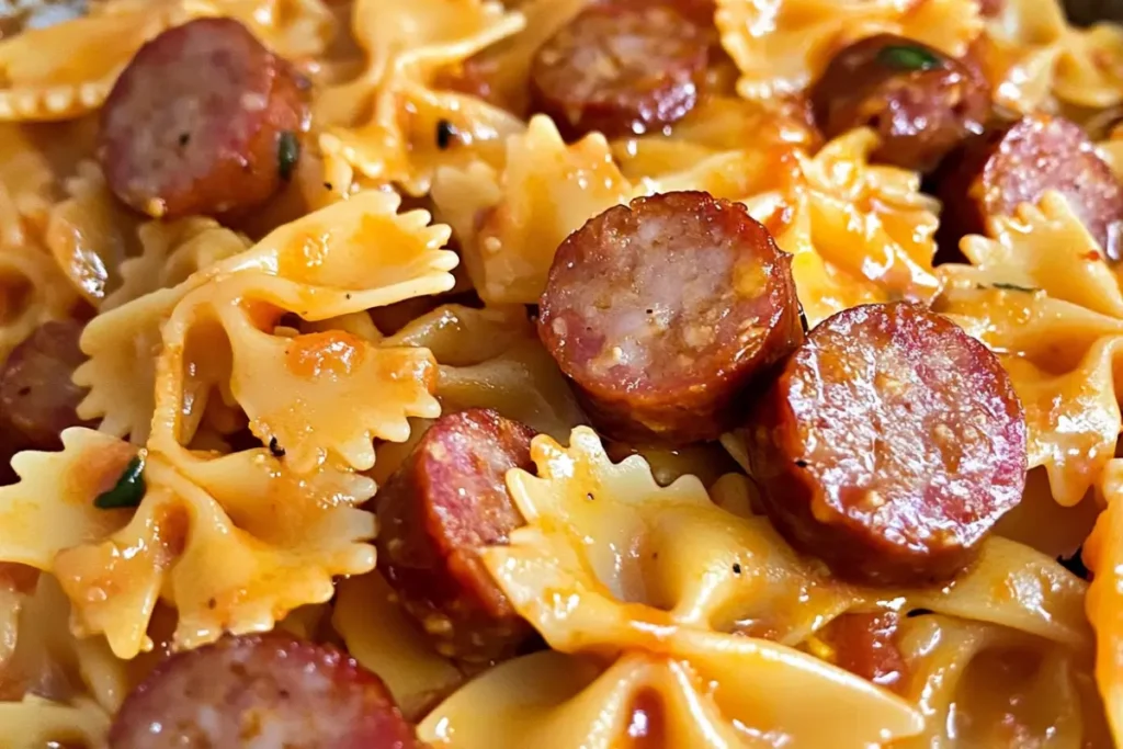 Close-up of smoked sausage pasta with bowtie pasta and sausage slices in tomato sauce