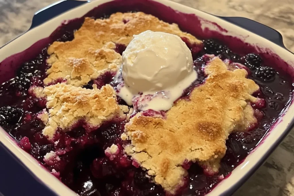 Close-up of a golden, crispy cobbler topping with berry juices seeping through, highlighting its flaky and buttery texture